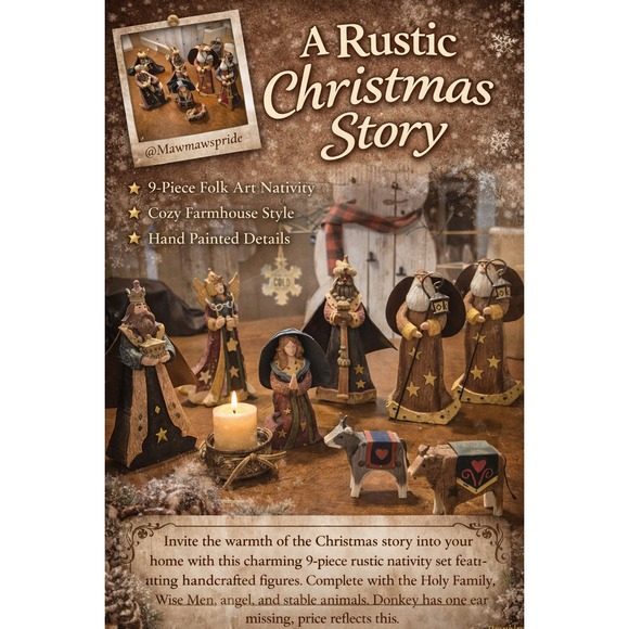 Other - Rustic Nativity Set 9 Piece Folk Art Christmas Nativity Scene Farmhouse Holiday